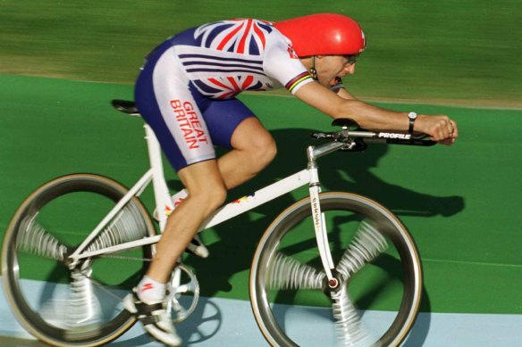 Graeme Obree in his Superman position at the Olympic Velodrome at Stone Mountain, Georgia, in 1996.