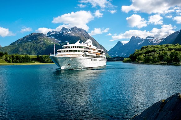 An artist’s impression of Windstar’s Star Explorer on the water in Norway.