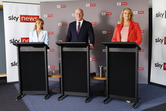 Labor’s Catherine Renshaw, Liberal MP Trent Zimmerman and Independent Kylie Tink at the North Sydney debate.