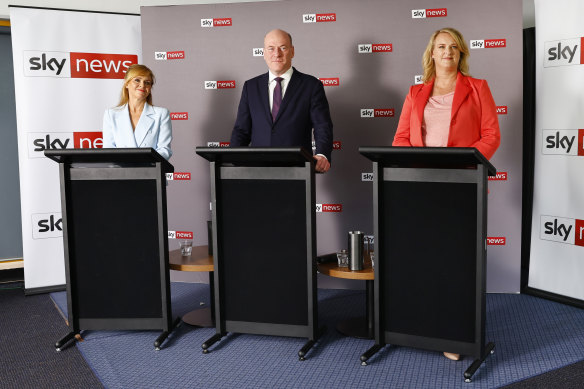 Labor’s Catherine Renshaw, Liberal MP Trent Zimmerman and Independent Kylie Tink at the North Sydney debate. 