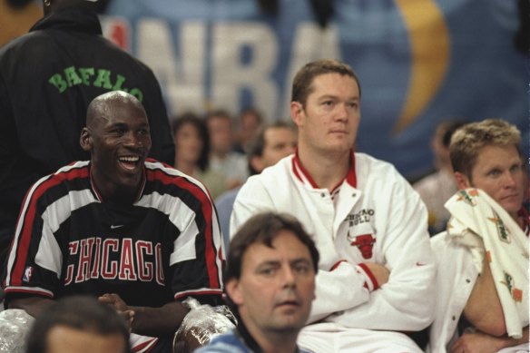 Luc Longley with Bulls teammate Michael Jordan in 1997.