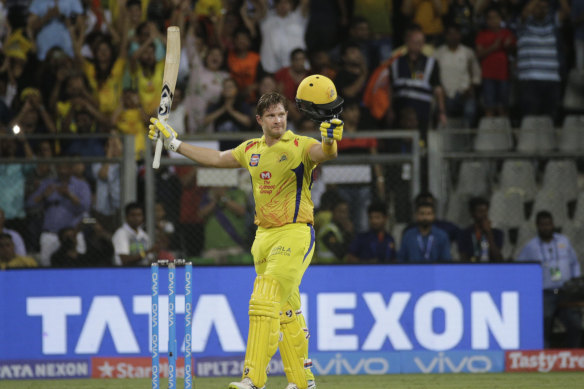 Shane Watson celebrates a century for the Chennai Super Kings in the IPL in 2018.