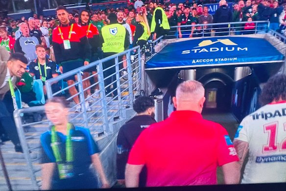 David Fifita (left) comments to Jaydn Su’A after he was sent from the field.