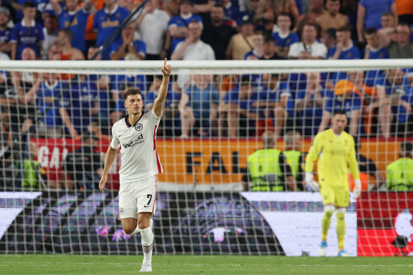 Ajdin Hrustic celebrates his successful penalty during the shootout win over Rangers.