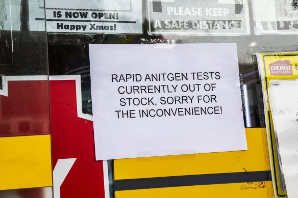 Many pharmacists have been posting signs outside their stores to let customers know when they’re out of rapid antigen tests. 