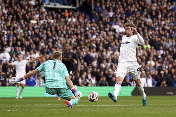 Arsenal goalkeeper Aaron Ramsdale keeps Leeds United’s Patrick Bamford out.