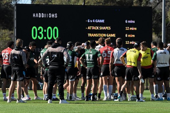 South Sydney players gather at training on Wednesday, a tumultuous morning for the club.