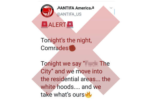 This tweet wasn't disseminated widely on Twitter before the account was removed, but screenshots saw massive sharing on Facebook. Though it claims to represent the radical left Antifa movement, both Facebook and Twitter linked the message and its spread to white supremacist groups.