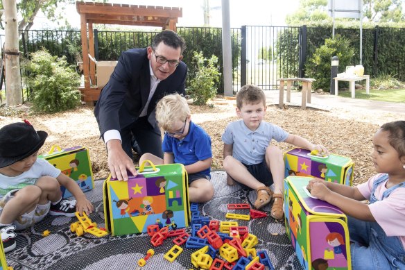 Premier Daniel Andrews visiting a kindergarten while announcing reforms earlier this year.