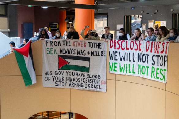 A protest inside the University of Melbourne arts building in May 2024.