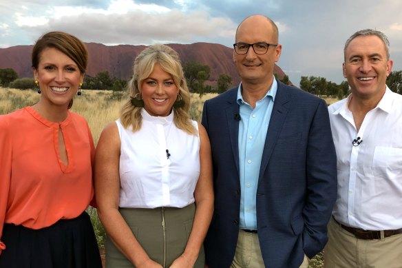 Natalie Barr, left, with Sunrise colleagues Samantha Armytage, David Koch and Mark Beretta. Barr is considered the frontrunner to replace Armytage.