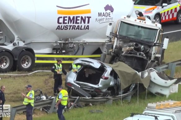 The driver of the cement truck was taken to hospital for mandatory testing. 