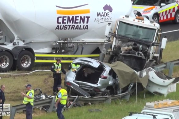 The driver of the cement truck was taken to hospital for mandatory testing.