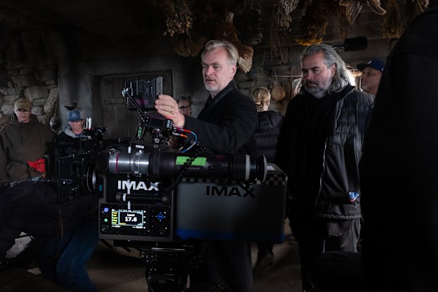 L to R: Director Christopher Nolan with Cinematographer Hoyte van Hoytema, ASC on set of his film THE ODYSSEY, written, produced, and directed by Christopher Nolan.