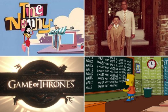 Screenshots from the intros of iconic shows The Nanny, Succession, The Simpsons and Game of Thrones. 