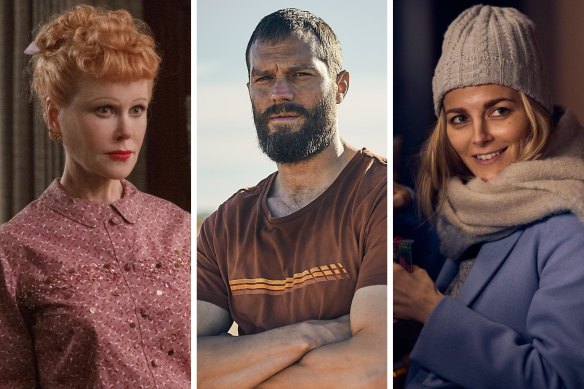 Top streaming in January (from left): Nicole Kidman in Being the Ricardos, Jamie Dornan in the Tourist and Bojana Novakovic in Love Me.