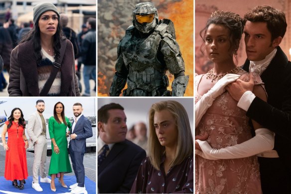 Shows to watch in April. Clockwise from top left: DMZ, Halo, Bridgerton, The Girl From Plainville and Luxe Listings Sydney.