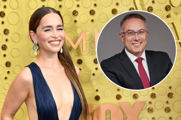 Game of Thrones star Emilia Clarke and Foxtel boss Patrick Delany (inset).