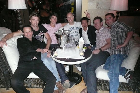 Sy Giang Nguyen (third from right) with Geelong AFL stars at a Las Vegas nightclub in 2009. There is no suggestion others photographed with Nguyen are involved in his alleged behaviour.