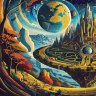 An AI generated image from Adobe Firefly using the prompt, “a world created by AI”.