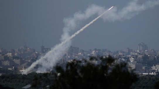 Rockets are fired toward Israel from the Gaza Strip, as seen from southern Israel, Monday, Oct. 16, 2023. (AP Photo/Leo Correa)