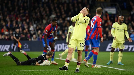 Arsenal’s Emile Smith Rowe reacts after a missed chance against London rivals Crystal Palace.