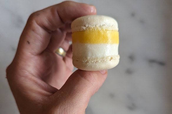 “Eyes” cream macaron dessert (in the limited mango Weiss bar flavour) at Saint Peter.