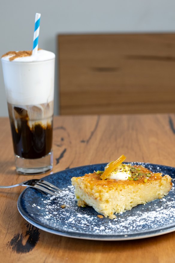 Cafe freddo, a style of Greek iced coffee, and orange cake.