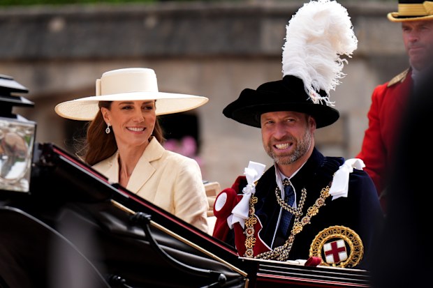Prince William, Prince of Wales (R) and Catherine, Princess of Wales (L) after attending the annual Order of the Garter Service at Windsor Castle on June 15, 2026 in Windsor, England. 