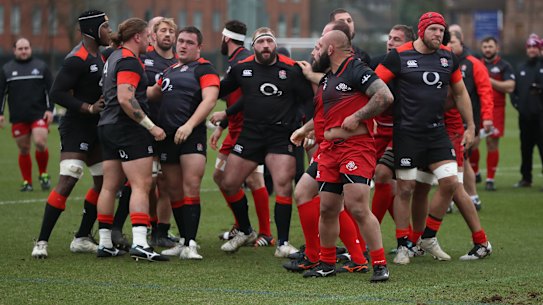 The England and Georgia packs go head to head during a scrum session during the England training session held at Latymer Upper School in 2018.