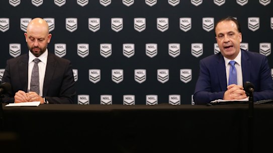 NRL chief Todd Greenberg and ARLC chairman Peter V'landys announce the indefinite suspension of the season.
