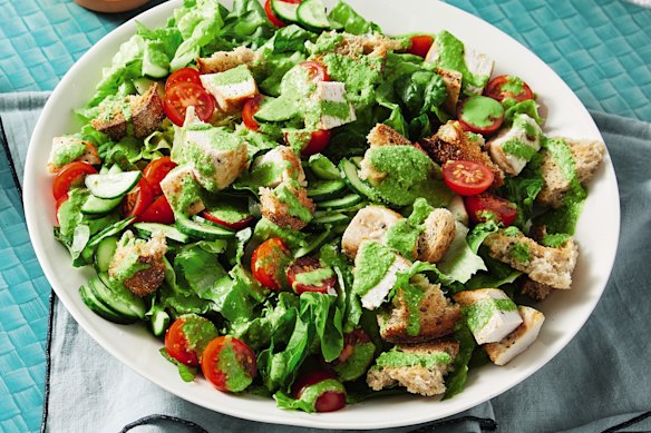 Green goddess egg salad open sandwich.