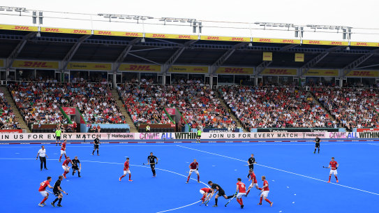 Great Britain taking on New Zealand in 2019, on a drop-in hockey field at the Twickenham Stoop rugby stadium in London.