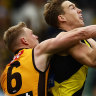Tight battle: Hawthorn’s James Sicily and Tiger Tom Lynch.