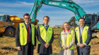 Campbell Hanan, Richard Seddon and Susan Lloyd-Hurwitz from Mirvac with NSW Minister for Western Sydney Stuart Ayres at the site of the Aspect Industrial Estate in Kemps Creek, Sydney.