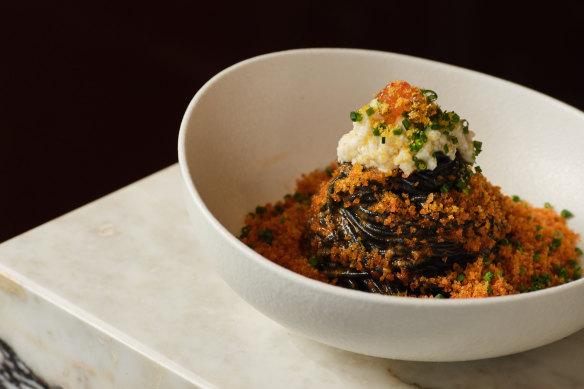 Squid ink spaghetti with ’nduja crumb at Lagotto.