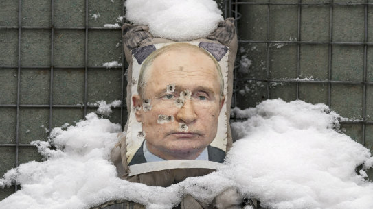 A bullet-riddled effigy of Russian President Vladimir Putin in eastern Ukraine.