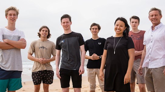 Balgowlah Boys High School 2018 English class students Jesse lilley, Josh Smith, Arran Burns, Nikita Chopenko and Thomas Southgate with English Teacher Aimee Jan and Principal Paul Sheather celebrating excellent results.