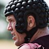 Manly’s Jake Trbojevic trials the GameGear helmet during the pre-season.