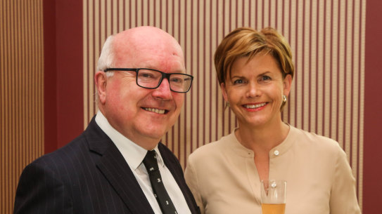 Australia’s High Commissioner to the UK, George Brandis, with the Latvian Ambassador Baiba Braža at the Latvian Embassy in London on Thursday.