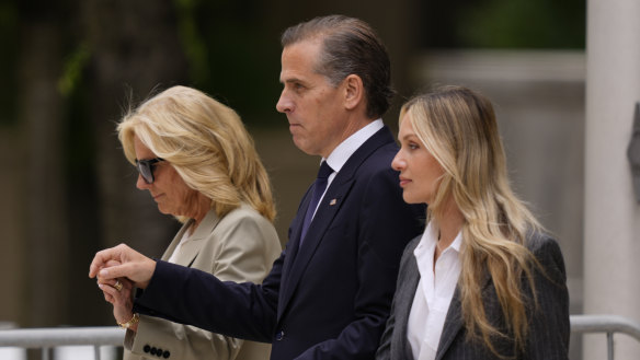 Hunter Biden, center, President Joe Biden’s son, accompanied by his mother, first lady Jill Biden, left, and his wife, Melissa Cohen Biden, right, walking out of federal court after hearing the verdict,