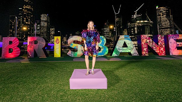 Model Loli Watson in a Rachel Burke dress at South Bank Parklands for the Brisbane Fashion Festival.