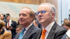 Microsoft vice chairman and president Brad Smith and Prime Minister Anthony Albanese during the announcement in Washington of Microsoft’s $5 billion AI data centre investment.