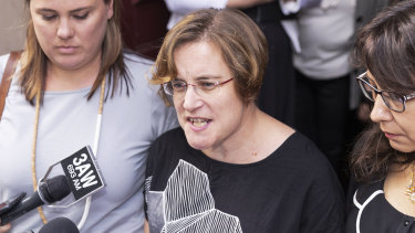 Christine Baumberg, wife of one-punch victim and surgeon Patrick Pritzwald-Stegmann, speaks to the media outside the Supreme Court in April 2017.