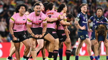 Mt Druitt residents Brian Toâo and Stephen Crichton were animated after their win against Melbourne. 