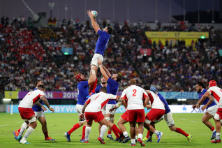Charles Ollivon wins a lineout for France against Tonga in their Group C game at Kumamoto Stadium on Sunday.