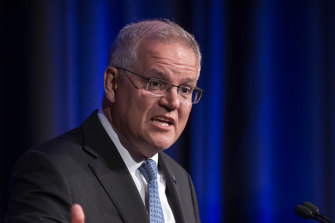 Prime Minister Scott Morrison speaks on Monday night at the Business Council of Australia’s annual dinner.