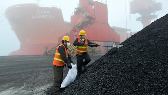 Chinese workers taking samples of imported coal at a port in Rizhao. Trade Minister Simon Birmingham said he has no reason to believe China is banning Australian coal.