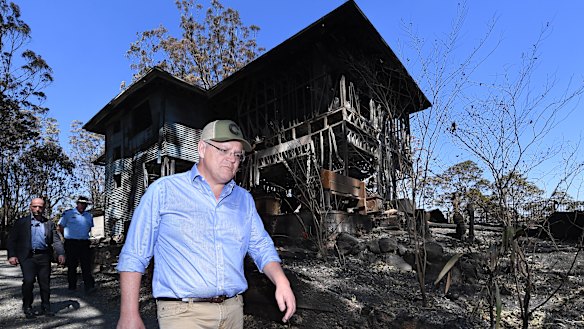 Prime Minister Scott Morrison visits bushfire-affected area Binna Burra in the Scenic Rim region on Friday.