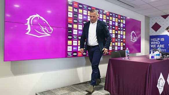 Anthony Seibold leaves after confirming he had stepped down as Broncos coach.